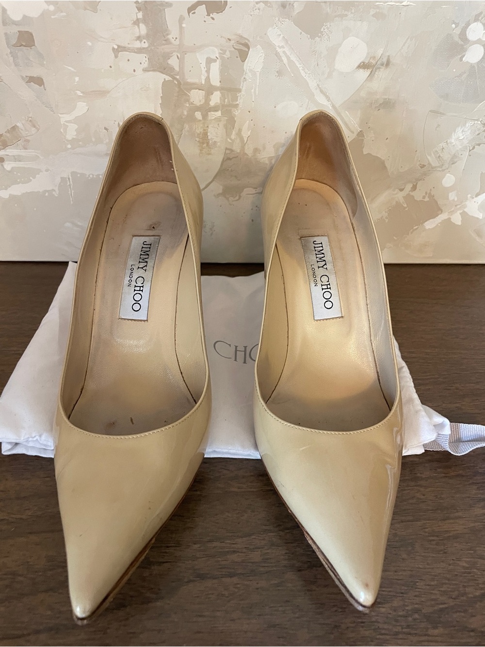 Jimmy Choo Patent Leather Pointed Toe Pumps in Nude